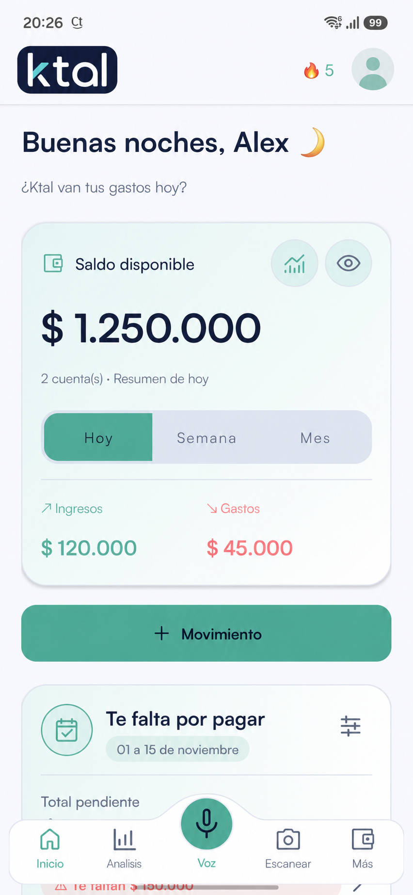 Pantalla de inicio de Ktal con un perfil genérico, saldo, ingresos, gastos y recordatorios de ejemplo